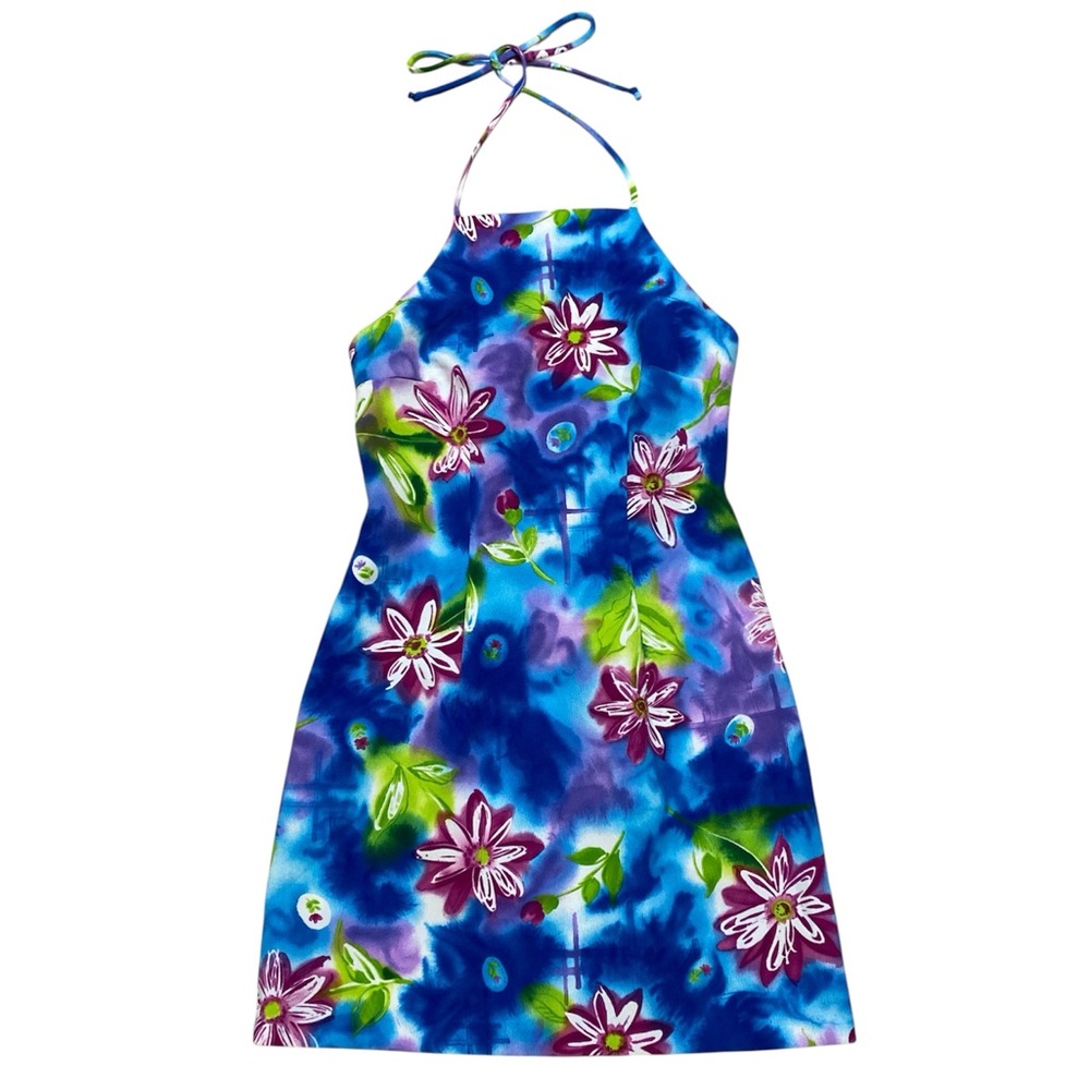 Vintage All That Jazz Dress Women’s 3/4 Blue Floral High Neck Halter Mini 90’s